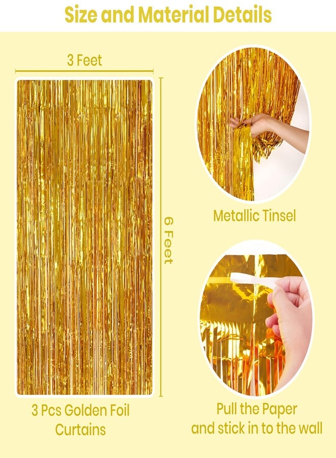 1iAM Golden Foil Curtain Pack of 3-3ftx6ft Fringe Curtains for Party Shimmer Backdrop Decoration for Birthday, Anniversary, Bachelorette, Marriage, Baby Shower, Wedding Party Decoration - Image 2